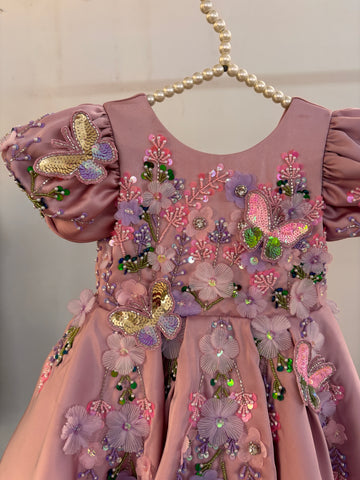 Dusty Rose Butterfly Garden Frock for Baby Girls — 3D Flowers, Sequin Butterflies & Puff Sleeves