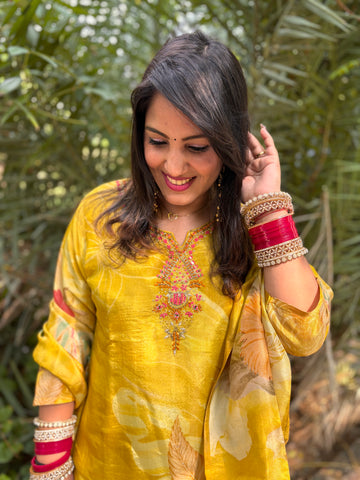 Yellow Printed Handmade Suit Set