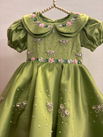 Olive Green Double Collar Handmade Dress