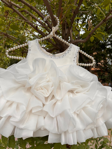 White Ruffle Organza Frock for Baby Girls — Rhinestone Neckline, 3D Rose & Layered Skirt