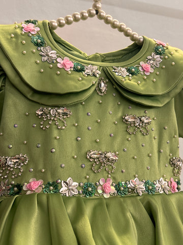 Olive Green Double Collar Handmade Dress
