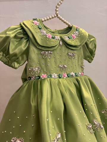 Olive Green Double Collar Handmade Dress