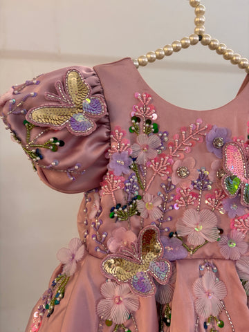 Dusty Rose Butterfly Garden Frock for Baby Girls — 3D Flowers, Sequin Butterflies & Puff Sleeves
