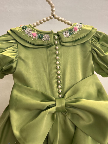 Olive Green Double Collar Handmade Dress