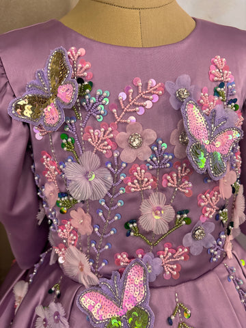 Lavender Satin Girls Dress | 3D Flowers & Butterfly Frock