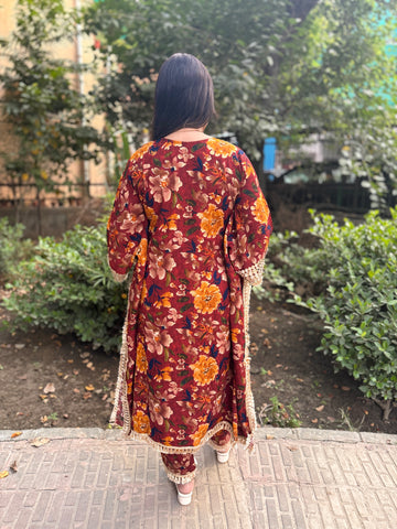 LD- 007 Printed Mirror work Kaftan Set with Potli