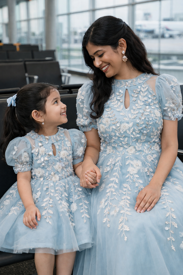 Blue Handmade Mother Daughter Dress Set
