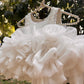 White Ruffle Organza Frock for Baby Girls — Rhinestone Neckline, 3D Rose & Layered Skirt
