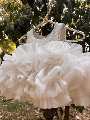 White Ruffle Organza Frock for Baby Girls — Rhinestone Neckline, 3D Rose & Layered Skirt