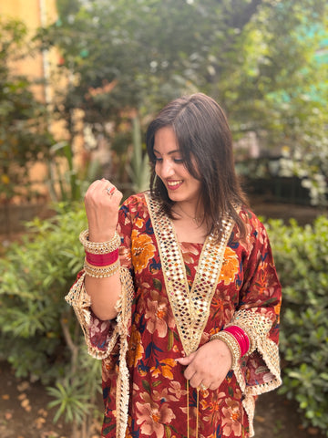 LD- 007 Printed Mirror work Kaftan Set with Potli