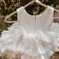 White Ruffle Organza Frock for Baby Girls — Rhinestone Neckline, 3D Rose & Layered Skirt