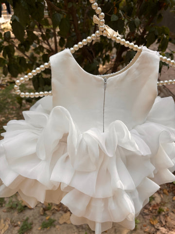 White Ruffle Organza Frock for Baby Girls — Rhinestone Neckline, 3D Rose & Layered Skirt