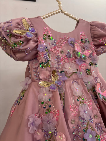 Dusty Rose Butterfly Garden Frock for Baby Girls — 3D Flowers, Sequin Butterflies & Puff Sleeves