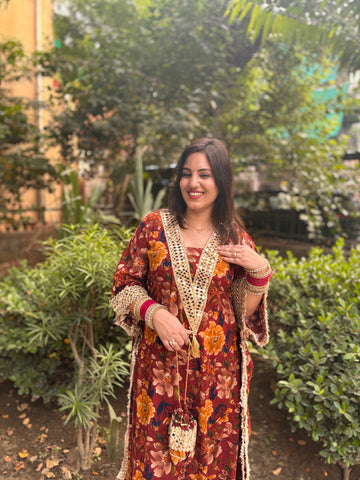LD- 007 Printed Mirror work Kaftan Set with Potli