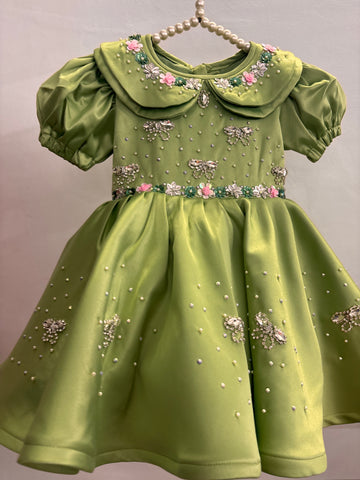 Olive Green Double Collar Handmade Dress