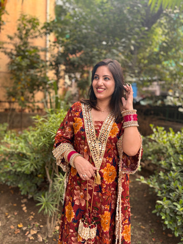 LD- 007 Printed Mirror work Kaftan Set with Potli