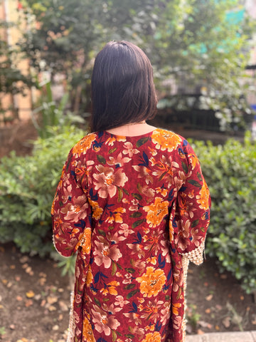 LD- 007 Printed Mirror work Kaftan Set with Potli