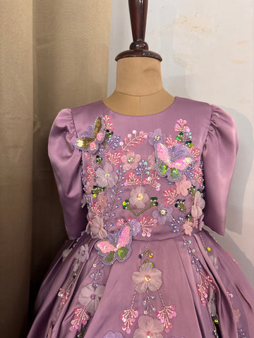 Lavender Satin Girls Dress | 3D Flowers & Butterfly Frock