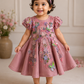 Dusty Rose Butterfly Garden Frock for Baby Girls — 3D Flowers, Sequin Butterflies & Puff Sleeves
