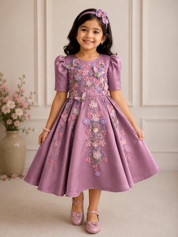 Lavender Satin Girls Dress | 3D Flowers & Butterfly Frock