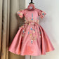 Girls Pink Satin Birthday Dress – Butterfly Embellishments & Floral Appliqué Gown