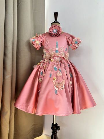 Girls Pink Satin Birthday Dress – Butterfly Embellishments & Floral Appliqué Gown