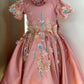 Girls Pink Satin Birthday Dress – Butterfly Embellishments & Floral Appliqué Gown