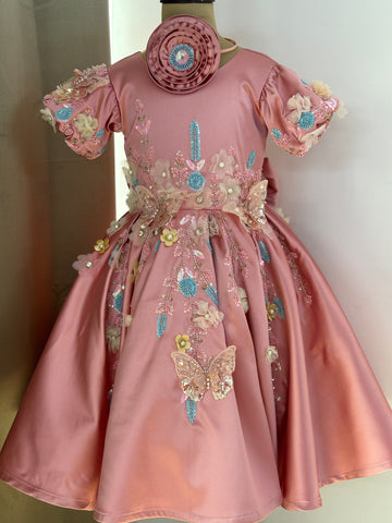 Girls Pink Satin Birthday Dress – Butterfly Embellishments & Floral Appliqué Gown