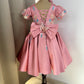 Girls Pink Satin Birthday Dress – Butterfly Embellishments & Floral Appliqué Gown