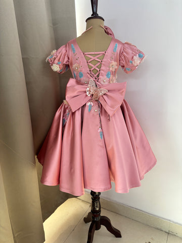 Girls Pink Satin Birthday Dress – Butterfly Embellishments & Floral Appliqué Gown