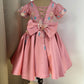 Girls Pink Satin Birthday Dress – Butterfly Embellishments & Floral Appliqué Gown