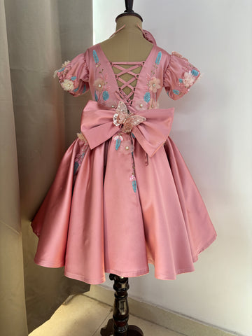 Girls Pink Satin Birthday Dress – Butterfly Embellishments & Floral Appliqué Gown