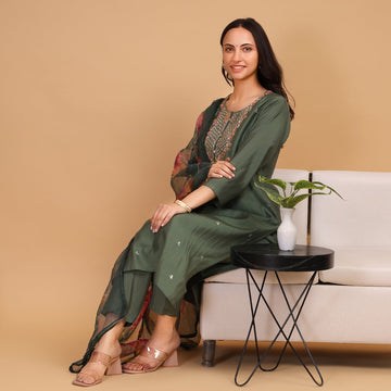 EF1004 - Green Handwork Suit Set with Printed Dupatta