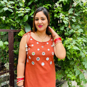 Rust Orange flex cotton kurta set with real mirror work