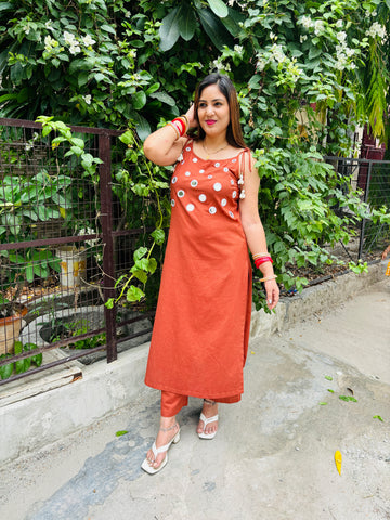 Rust Orange flex cotton kurta set with real mirror work